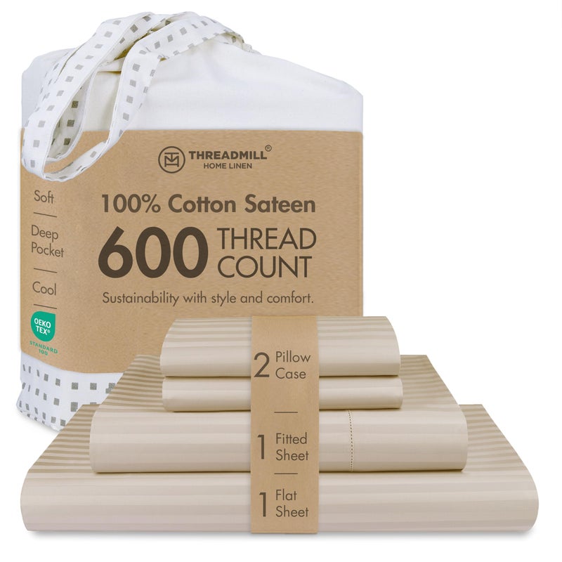 Threadmill 100% Cotton Sheets for Full Size Bed - 600 Thread Count Full Bed Sheets Set with 16â€ Deep Pocket - Damask Stripe Sateen Weave 4-Piece Bedding Set with Cooling Effect, Beige - Image 1